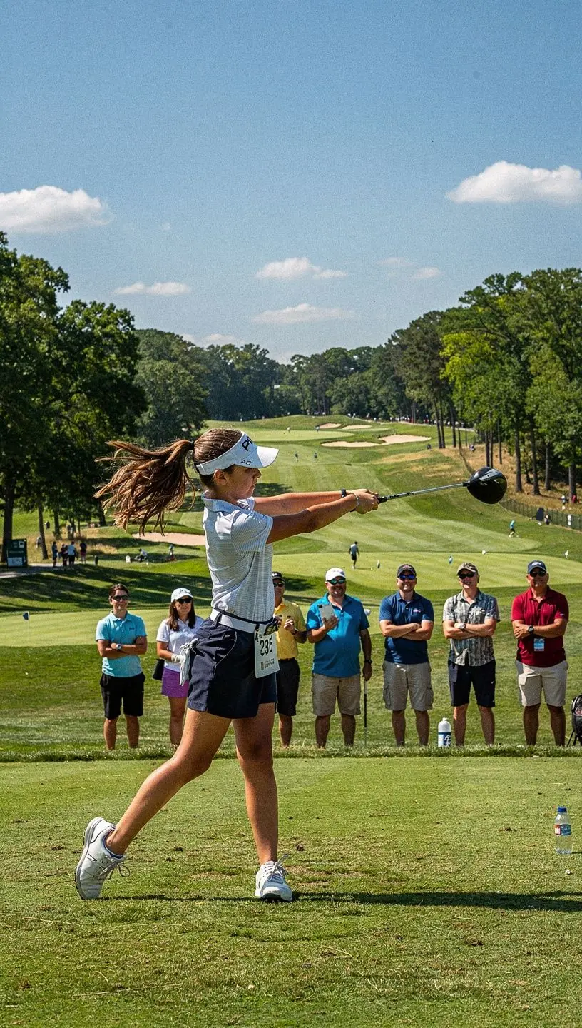 Golfers practicing swings at a driving range.