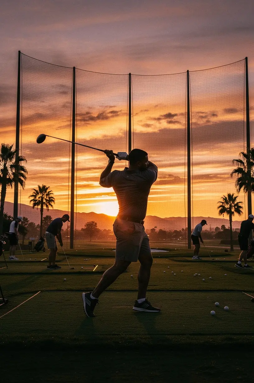 Golf course under varying weather conditions impacting play.